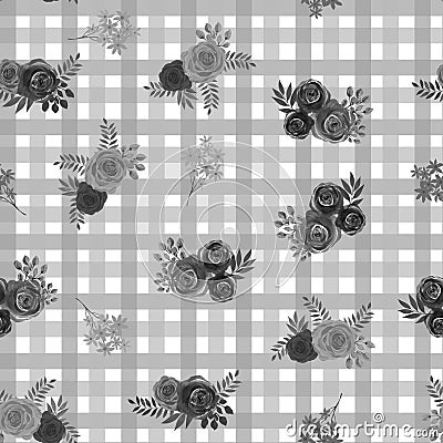 Floral seamless pattern in retro style rose bouquet wild flower black white and gray color painting drawing Stock Photo