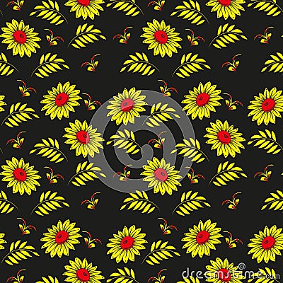 Floral seamless pattern. Russian khokhloma (Hohloma) background design. Gold and red colors on black background. Stock Photo