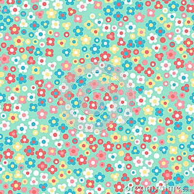 Floral seamless pattern. Small cute simple flowers. Green background. Vector Illustration