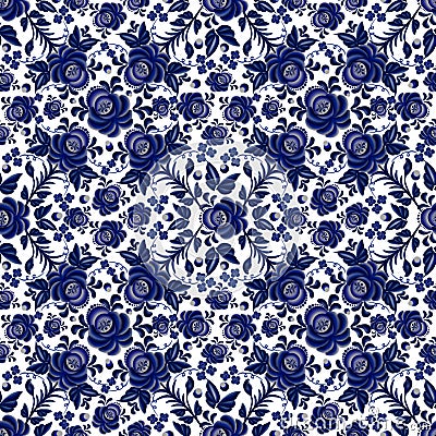 Floral seamless pattern in style Gzhel on a white background. Vector Illustration