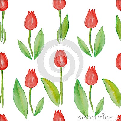 Floral seamless pattern Tulips (red flowers with green leafs). Vector Illustration