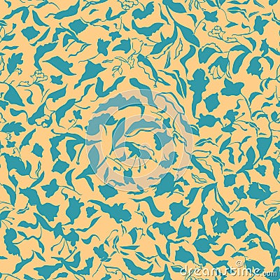 Floral seamless pattern. Turquoise leaves, flowers, tulips, irises, plants on yellow background. Vector Illustration