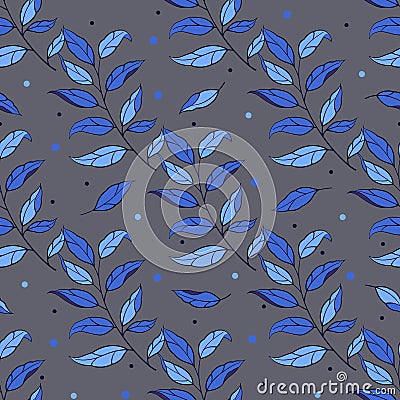 Floral seamless pattern. Vector blue branches and leaves on dark background. Vector Illustration