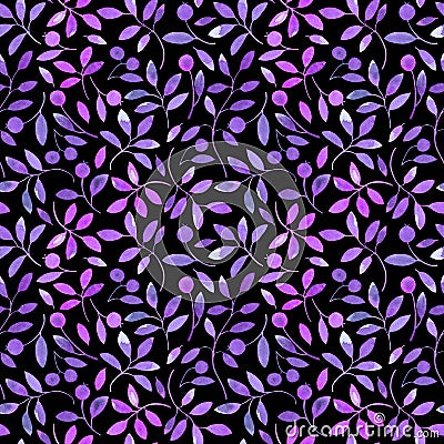 Floral seamless pattern with violet branches and berries. Cartoon Illustration