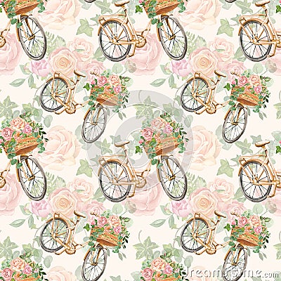 Floral seamless pattern with watercolor bicycle and pink flowers in basket. Romantic botanical print in vintage retro style Stock Photo