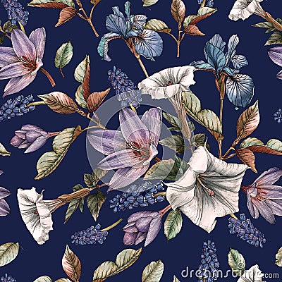 Floral seamless pattern with watercolor blue irises, muscari and white flowers Stock Photo