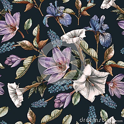 Floral seamless pattern with watercolor blue irises, muscari and white flowers Stock Photo