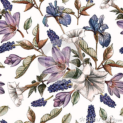 Floral seamless pattern with watercolor blue irises, muscari and white flowers Stock Photo