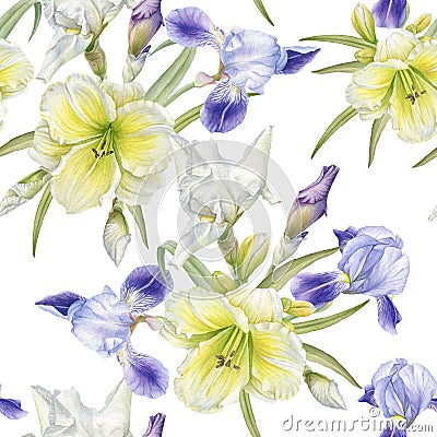 Floral seamless pattern with watercolor iris, daylily Stock Photo