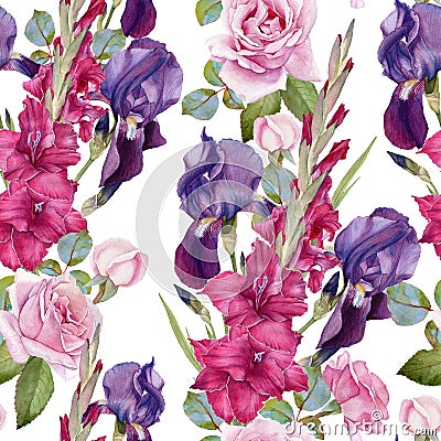 Floral seamless pattern with watercolor iris, gladiolus, roses Stock Photo