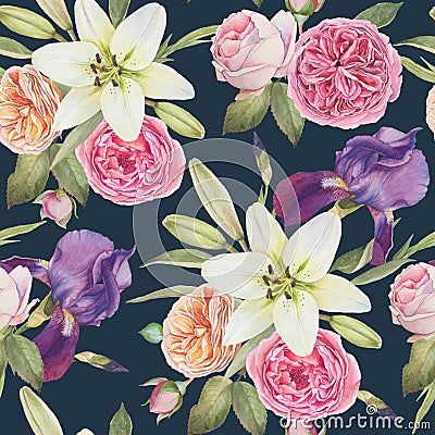 Floral seamless pattern with watercolor irises, white lilies and roses Stock Photo