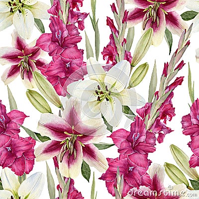 Floral seamless pattern with watercolor lilies and gladiolus flowers Stock Photo