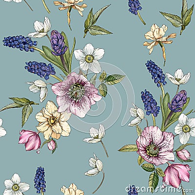 Floral seamless pattern with watercolor narcissus, muscari and hellebore Stock Photo