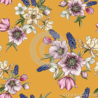 Floral seamless pattern with watercolor narcissus, muscari and hellebore Stock Photo