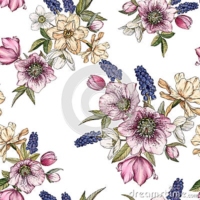 Floral seamless pattern with watercolor narcissus, muscari and hellebore Stock Photo