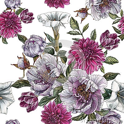 Floral seamless pattern with watercolor peonies, datura flower, dahlias and tulips Stock Photo