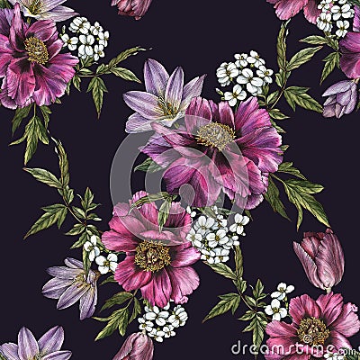 Floral seamless pattern with watercolor peonies, jasmine and tulips Stock Photo