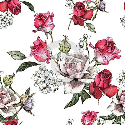 Floral seamless pattern with watercolor pink and red roses and jasmine Stock Photo
