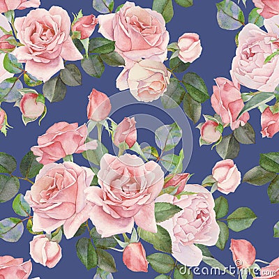 Floral seamless pattern with watercolor pink roses on the blue background Stock Photo