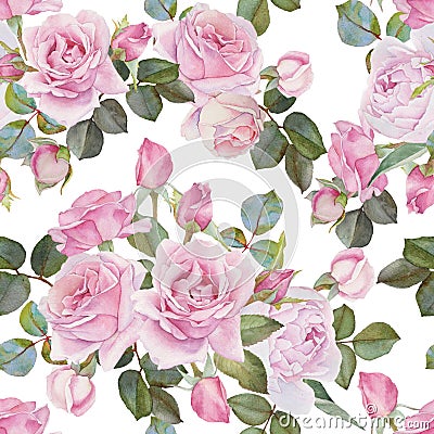 Floral seamless pattern with watercolor roses. Stock Photo