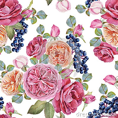 Floral seamless pattern with watercolor roses and black rowan berries Stock Photo