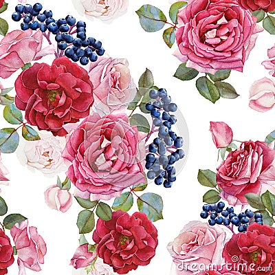 Floral seamless pattern with watercolor roses, black rowan berries Stock Photo