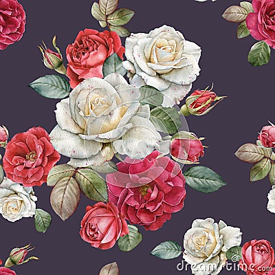 Floral seamless pattern with watercolor roses and leaves Stock Photo