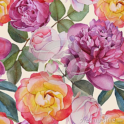 Floral seamless pattern with watercolor roses and peonies Stock Photo