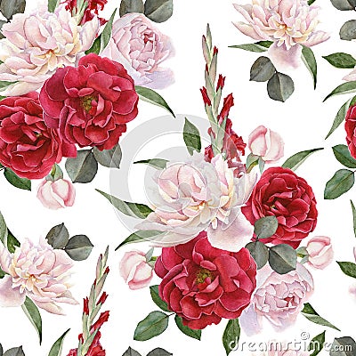 Floral seamless pattern with watercolor roses, white peonies and gladiolus flowers Stock Photo