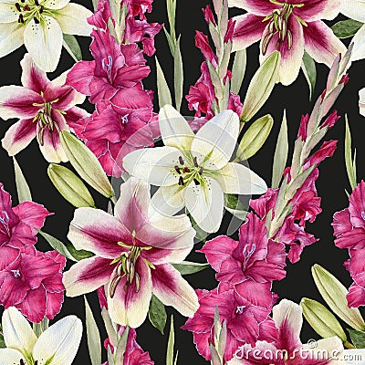 Floral seamless pattern with watercolor white lilies and pink gladiolus flowers Stock Photo