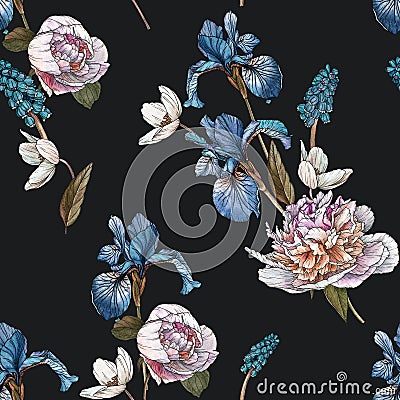 Floral seamless pattern with watercolor white peonies, anemones and blue irises Stock Photo