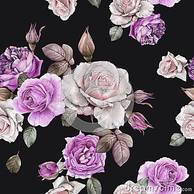 Floral seamless pattern with watercolor white and violet roses Stock Photo