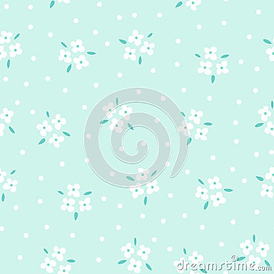 Floral seamless pattern with white flowers on blue background. Repeated light backdrop, soft textile texture. Bright Vector Illustration