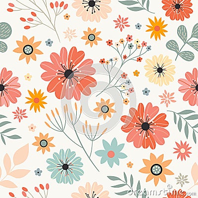 Seamless pattern with different flowers and plants, white background Vector Illustration