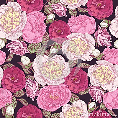 Floral seamless pattern with white peonies, pink and crimson roses. Vector Illustration