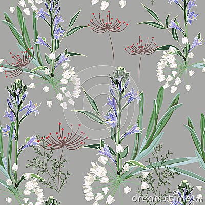 Floral seamless pattern with wild violet bels flowers branch, herbs, grasses, fern. Vector Illustration