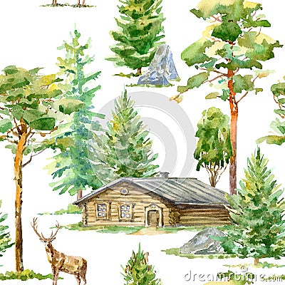 Floral seamless pattern of a wooden house,deer, pine, spruce,stone and deciduous tree. Cartoon Illustration