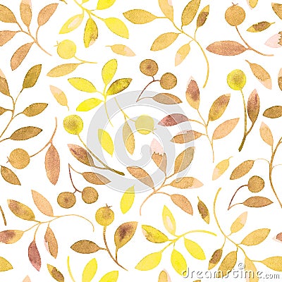 Floral seamless pattern with yellow branches and berries. Cartoon Illustration