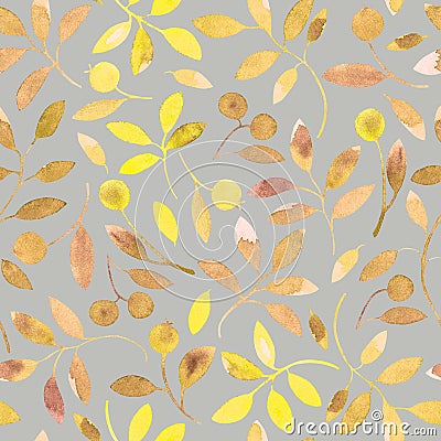 Floral seamless pattern with yellow-brown branches and berries. Cartoon Illustration