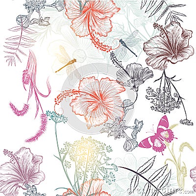 Floral seamless vector background with engraved flowers hibiscus Cartoon Illustration