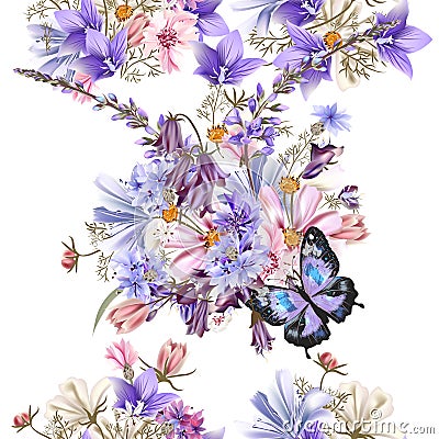 Floral seamless vector pattern with flowers in watercolor style Stock Photo