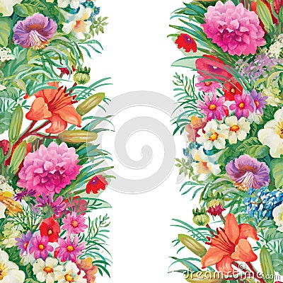 Floral Seamless Watercolor Pattern with Roses and Wildflowers Vector Illustration