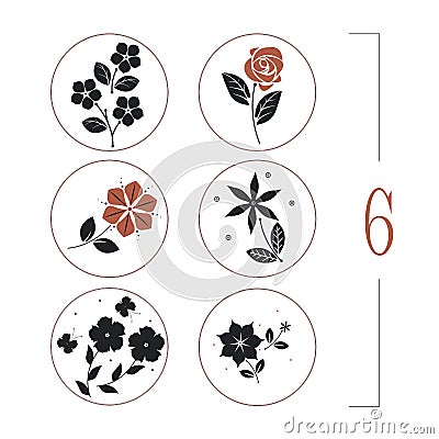 Floral set with flowers, leaves and butterflies silhouettes Vector Illustration