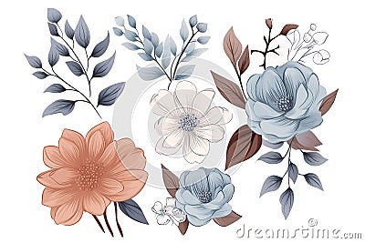 Floral set of hand drawn flowers. Botanical line art wallpaper with flowers, branches eaves. Pastel watercolor floral Vector Illustration