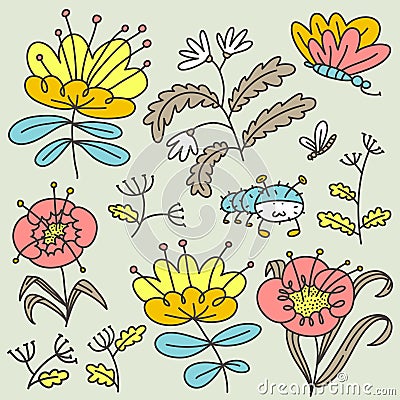 Floral set. Isolated flowers and leaves. Vector illustration with natural objects and plants and butterfy Vector Illustration
