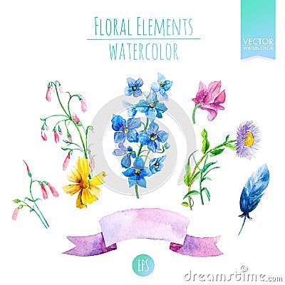 Floral Set with Watercolor Flowers for Summer or Spring Cards, Invitations, Flyers, Banners or Posters Design. Vector. Vector Illustration