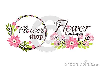 Floral shop badge decorative frame template vector illustration. Vector Illustration