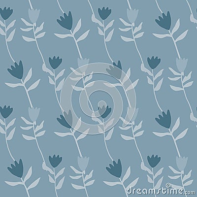 Floral simple tulip seamless pattern. Botanic silhouettes and background in pastel navy blue tones Cartoon Illustration