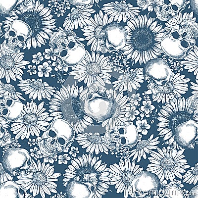 Floral skull seamless pattern. Halloween wallpaper. Daisy and skeleton background. Vector Illustration