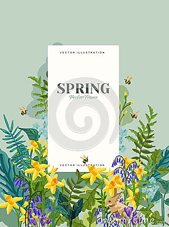 Floral Spring Backgrouns With Flowers Plants And bumblebees Vector Illustration